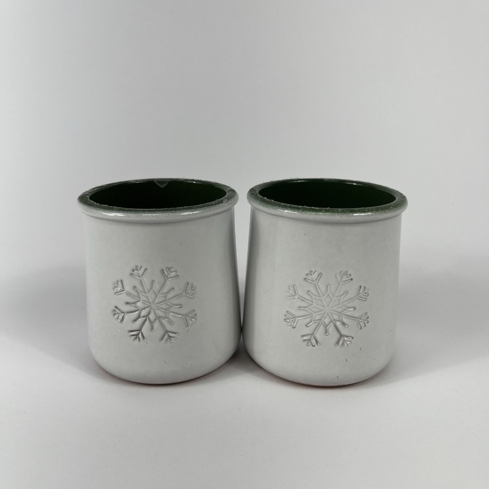 Set Of 2 La Fermiere White/ Green Terra Cotta Christmas Snow Flakes Yogurt Pots